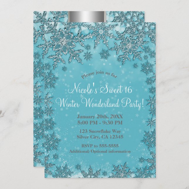 Teal Aqua Snowflakes Winter Wonderland Party Invitation (Front/Back)