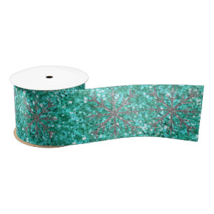 Teal aqua sparkling glitter pattern   silver star  satin ribbon