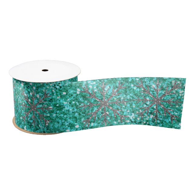 Teal aqua sparkling glitter pattern | silver star  satin ribbon (Spool)