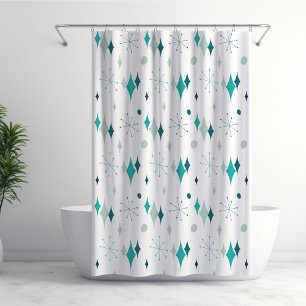 Teal, Aqua Starburst Mid Century Modern Pattern Shower Curtain