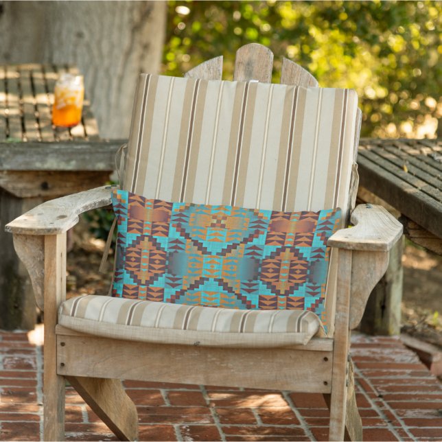 Teal Aqua Turquoise Blue Orange Brown Tribal Art Lumbar Cushion (Chair)