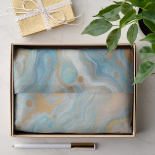 Teal Aqua Turquoise Blue White Gold Marble Pattern Tissue Paper