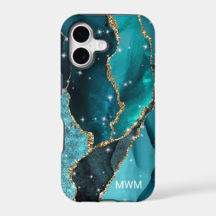 Teal Aqua Turquoise Gold Veins Agate Monogram