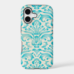 Teal Aqua Watercolor Damask Ombre Blue Print