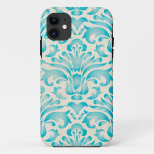 Teal Aqua Watercolor Damask Ombre Blue Print iPhone 11 Case
