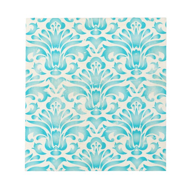 Teal Aqua Watercolor Damask Ombre Blue Print Notepad (Front)