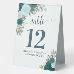 Teal & Aqua Watercolor Roses Wedding Table Number