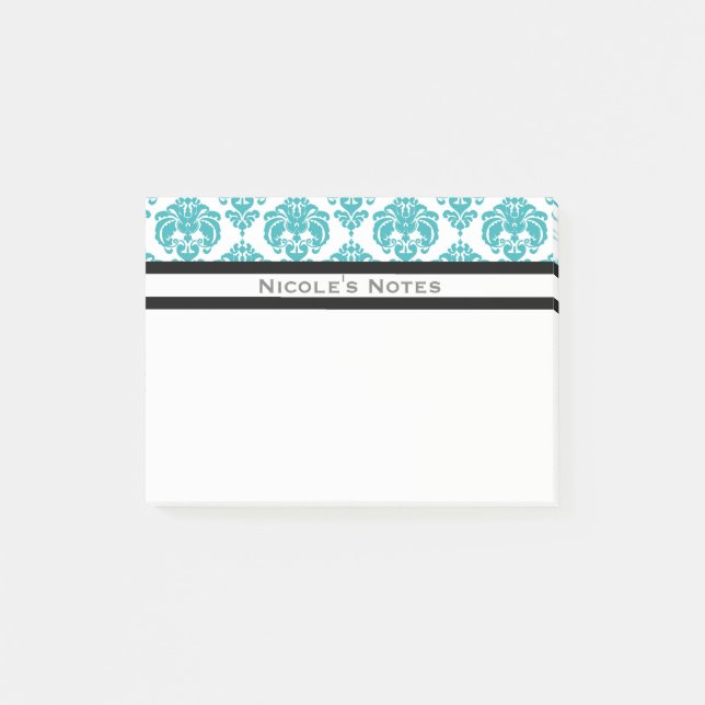 Teal Aqua White Damask Pattern Modern Personalised Post-it Notes (Front)