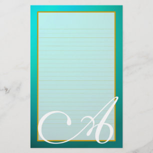 Teal Aquamarine Monogram Fine Lined Stationery