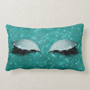 Teal Aquatic Glam Sparkly Eye Black Glitter Makeup Lumbar Cushion