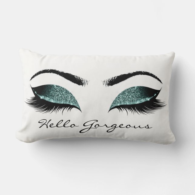 Teal Aquatic White Makeup Lashes Hello Gorgeous Lumbar Cushion (Front)