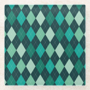 Teal argyle pattern glass coaster