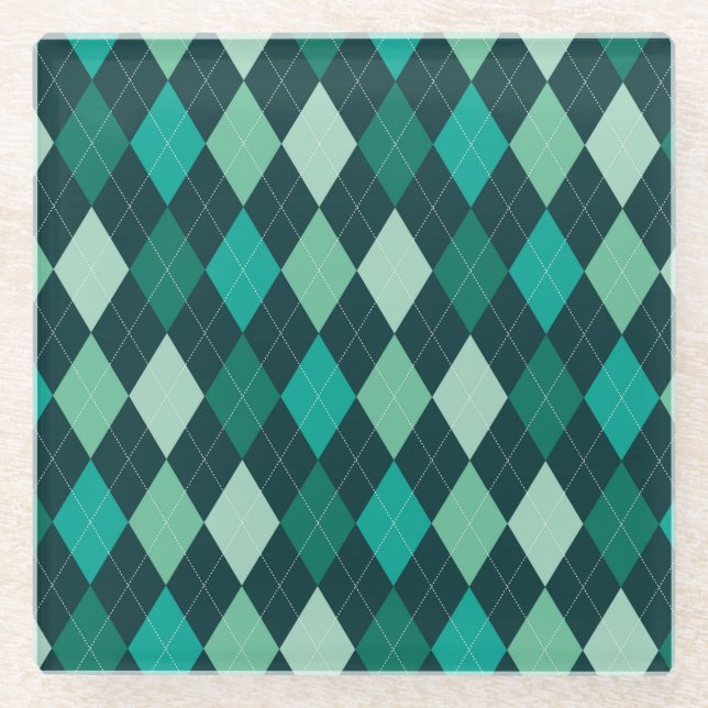 Teal argyle pattern glass coaster (Front)
