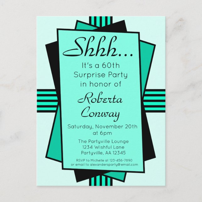 Teal Art Deco 60th Surprise Party Birthday Invitation Postcard (Front)