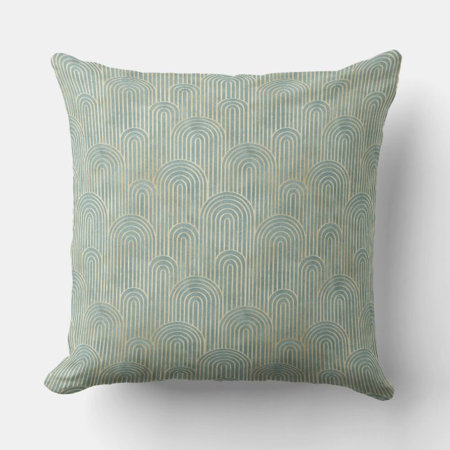 teal ,art deco, fan pattern,teal,gold,deco,metalli cushion (Front)