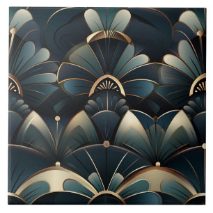 Teal Art Deco Floral Fans with Golden Lines Ceramic Tile