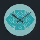 Teal Art Deco Quilt Inspired  Round Clock<br><div class="desc">This clock,  has an art deco quilt-inspired design of diamond shapes and a rectangle,  both in teal and silver,  on a field of lighter teal.</div>