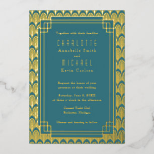 Teal Art Deco Vintage gold Foil Invitation