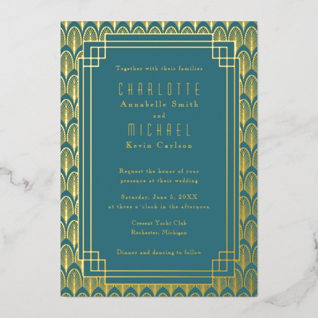 Teal Art Deco Vintage gold Foil Invitation (Front)