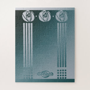 Teal Art nouveau,Charles Mackintosh, rose design r Jigsaw Puzzle