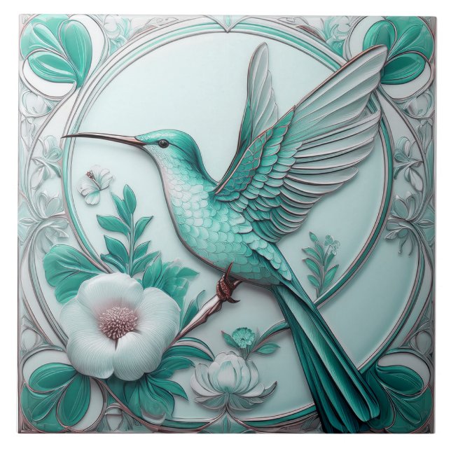 Teal Art Nouveau floral hummingbird faux relief Ceramic Tile (Front)