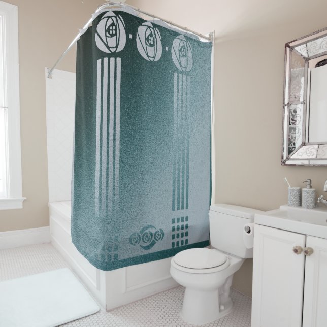 Teal Art nouveau, Ronnie C Mackintosh, rose design Shower Curtain (In Situ)