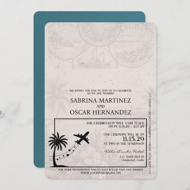 Teal Aruba Passport Wedding Invitation (Front/Back)