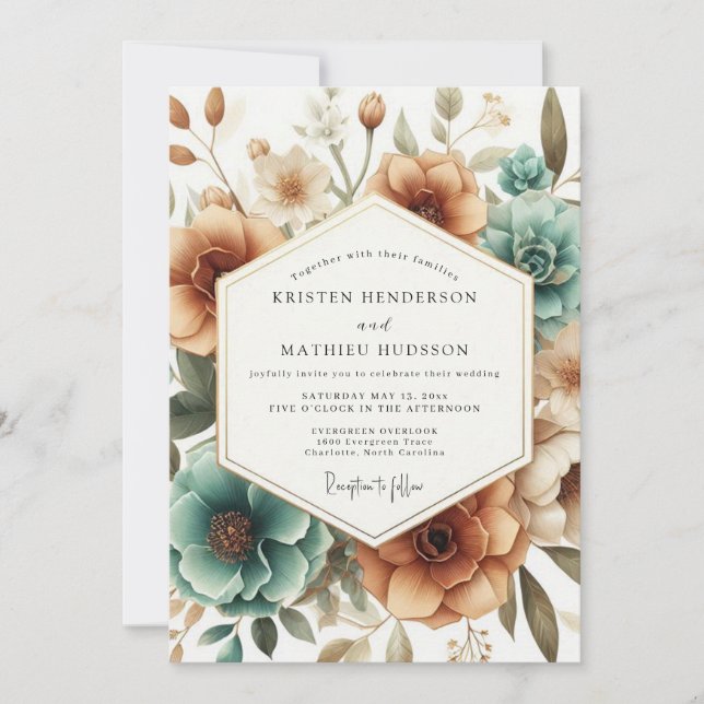 Teal Autumn Bloom Wedding Invitation (Front)