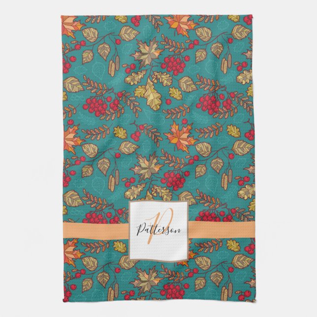 Teal Autumn Foliage Family Name Tea Towel (Vertical)
