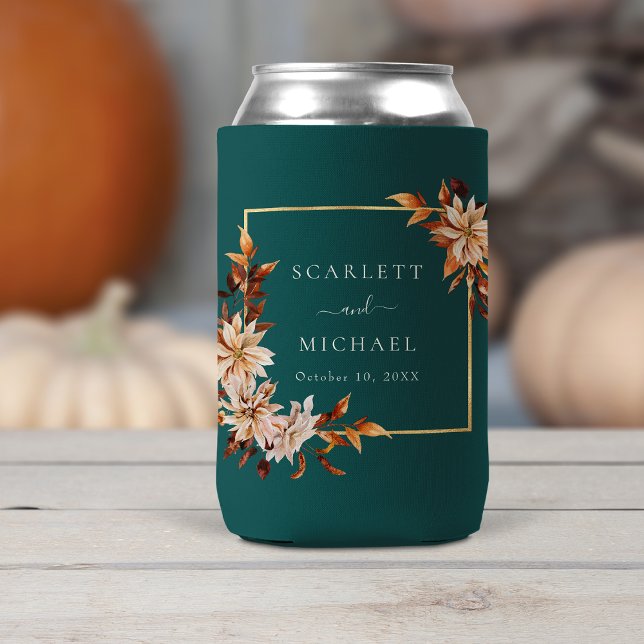 Teal Autumn Leaves Can Cooler (Elegant Teal Autumn Leaves Can Cooler Favor by Painted Paperie
)