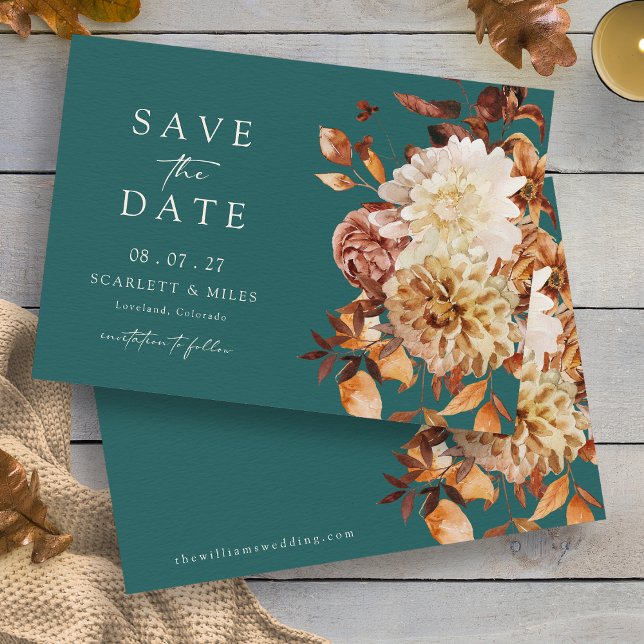 Teal Autumn Leaves Save The Date (Teal Autumn Leaves Floral Save The Date Card by Painted Paperie
)