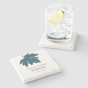 Teal Autumn Maple Leaf Wedding Party Stone Coaster