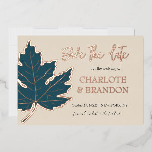 Teal Autumn Maple Leaf Wedding Save The Date  