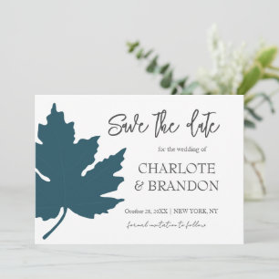 Teal Autumn Maple Leaf Wedding Save The Date Invitation