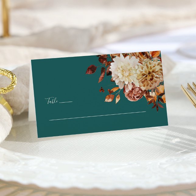 Teal Autumn Place Card (Elegant Teal AutumnLeaves Floral Monogrammed Place Card by Painted Paperie
)
