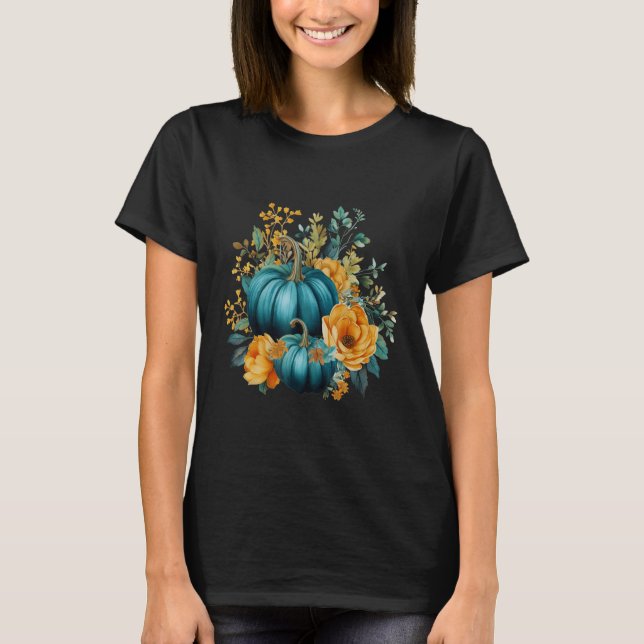 Teal Autumn Pumpkin Floral Fall Harvest Foliage T-Shirt (Front)