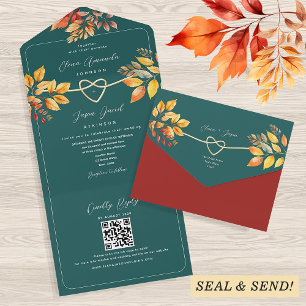 Teal Autumn Wedding Invitation with QR Code