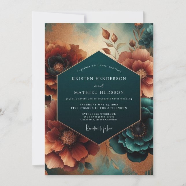 Teal Autumnal Bloom Wedding Invitation (Front)