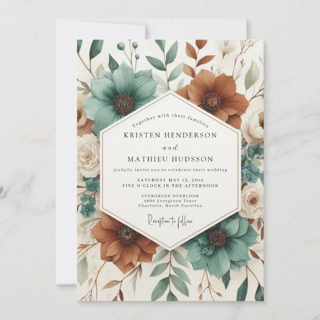 Teal Autumnal Botanical Bloom Wedding Invitation (Front)