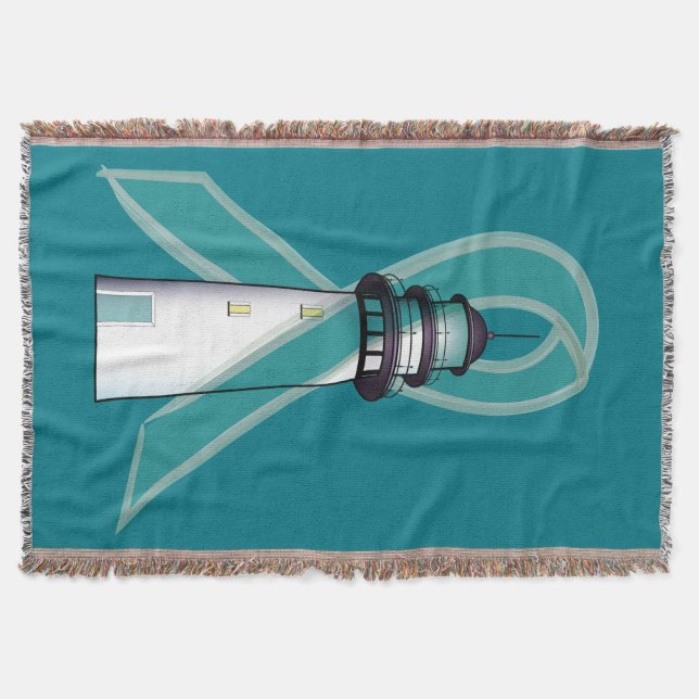Teal Awareness Ribbon Lighthouse of Hope Throw Blanket (Front)