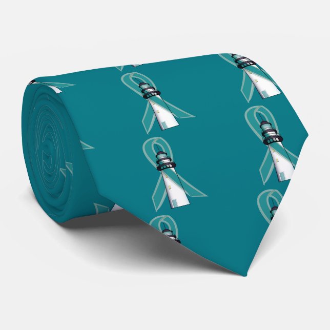 Teal Awareness Ribbon Lighthouse of Hope Tie (Rolled)