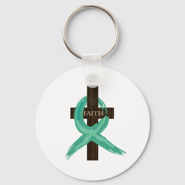Teal Awareness Ribbon on Cross Key Ring (Front)