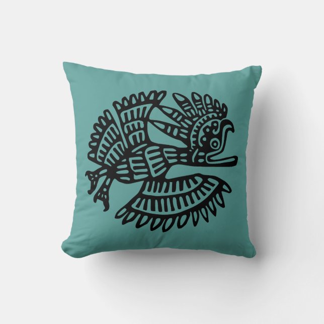 Teal Aztec Pillow With Bird Motif (Front)