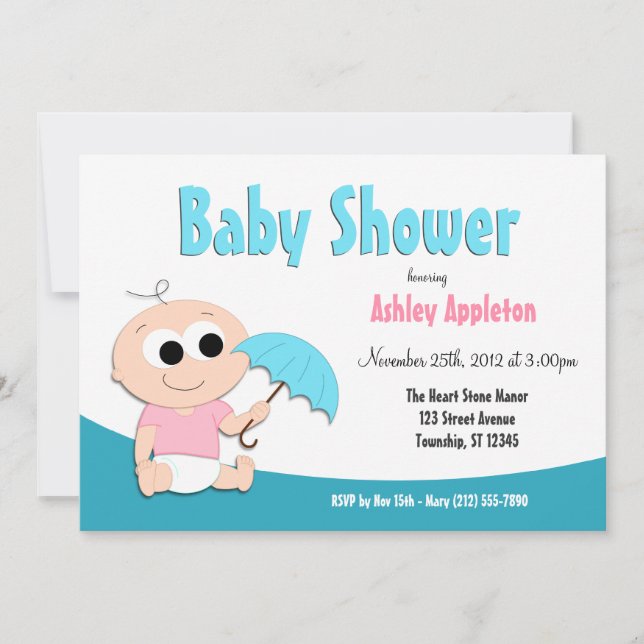 Teal Baby Umbrella - Shower Invitations (Front)