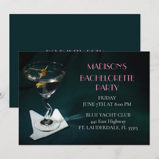 Teal  Bachelorette Martini Bridal Party Invitation (Front/Back)