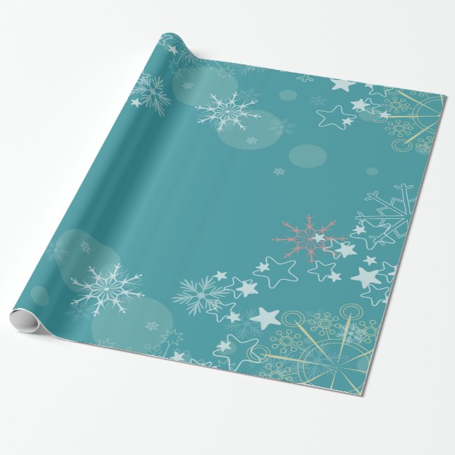 Teal Background with White Snowflakes Wrapping Wrapping Paper (Unrolled)