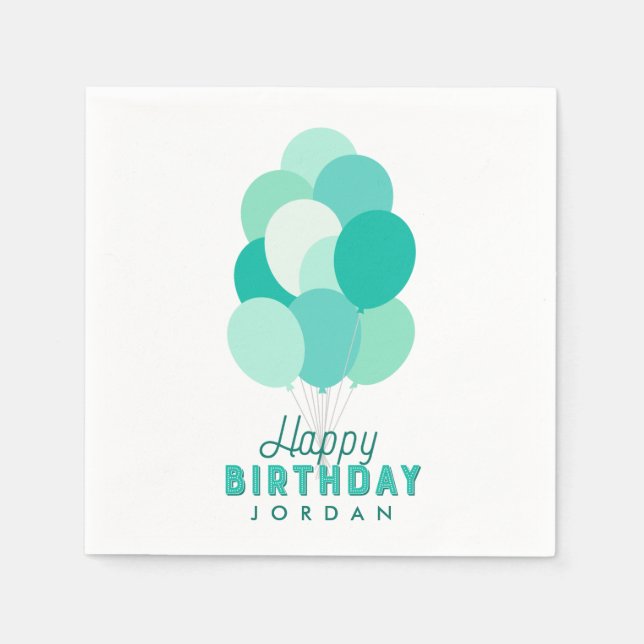 Teal Balloons Happy Birthday Napkin (Front)