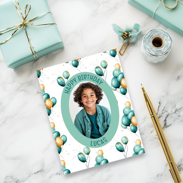 Teal Balloons Pattern Photo Card (Teal faux gold balloons birthday card)