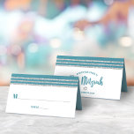 Teal Bar Mitzvah Silver Tallit Script Modern Bold Place Card<br><div class="desc">No Bar Mitzvah party is complete without personalised place cards. Let your favourite Bar Mitzvah be proud, rejoice and celebrate his milestone at his perfectly coordinated party. Bold, dusty teal blue green typography and a dusty teal blue green and silver glitter striped tallit inspired graphic overlay a simple, white background....</div>