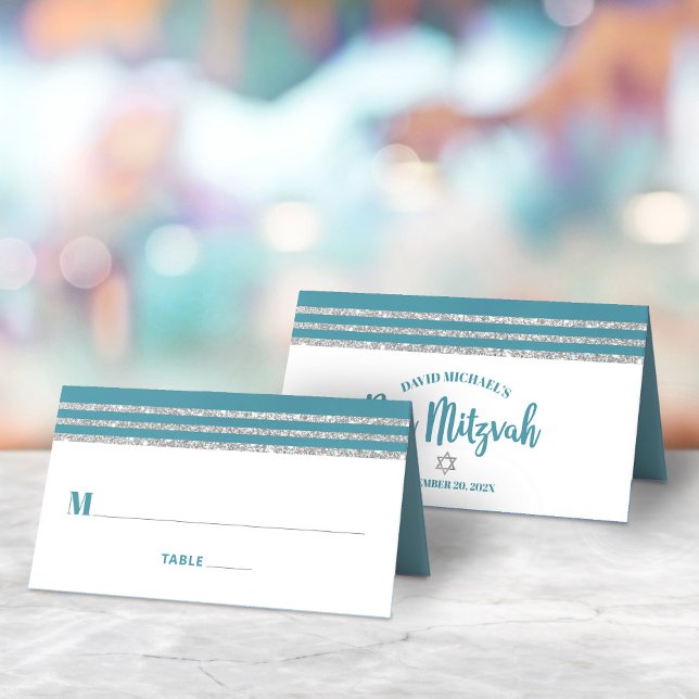 Teal Bar Mitzvah Silver Tallit Script Modern Bold Place Card (Creator Uploaded)
